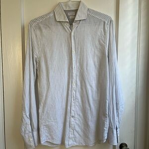 Brunello Cucinelli- Striped cotton and linen slim fit shirt. Size M